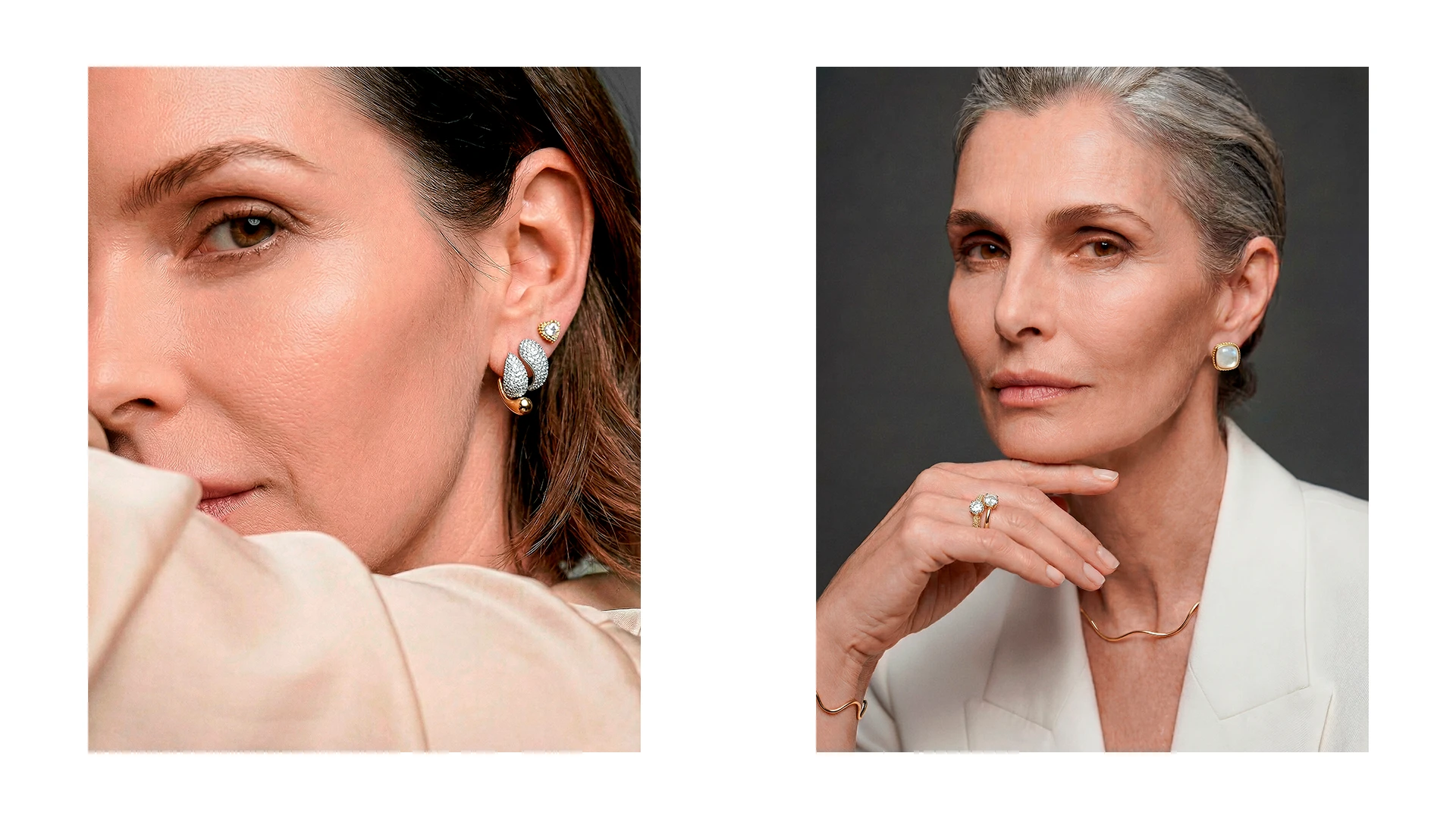 Mulher de perfil com ear cuff prateado, ao lado de mulher grisalha de blazer branco com a mão no queixo