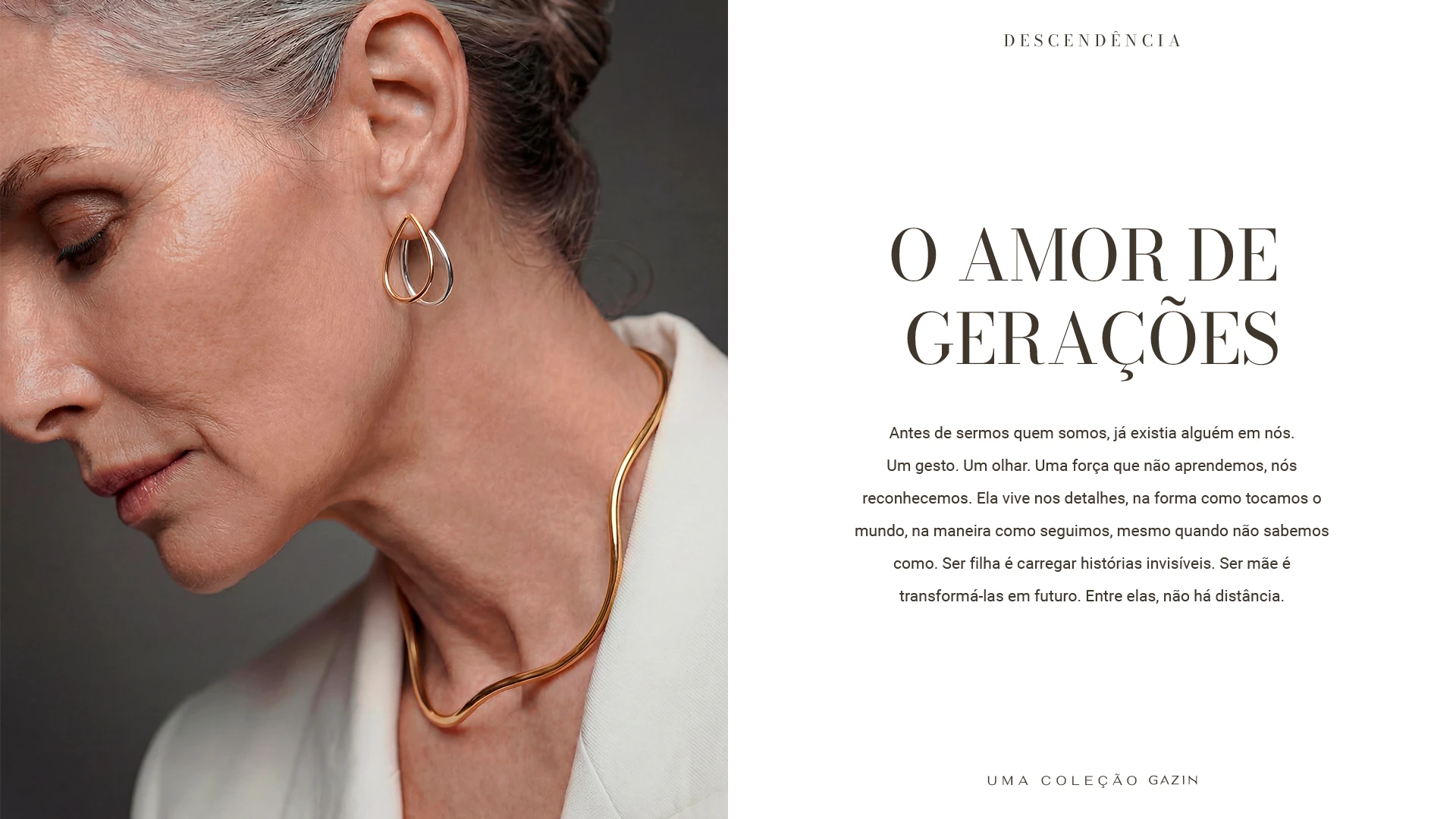 Página editorial "O amor de gerações": mulher grisalha de perfil com colar e brinco dourados, ao lado do texto da campanha