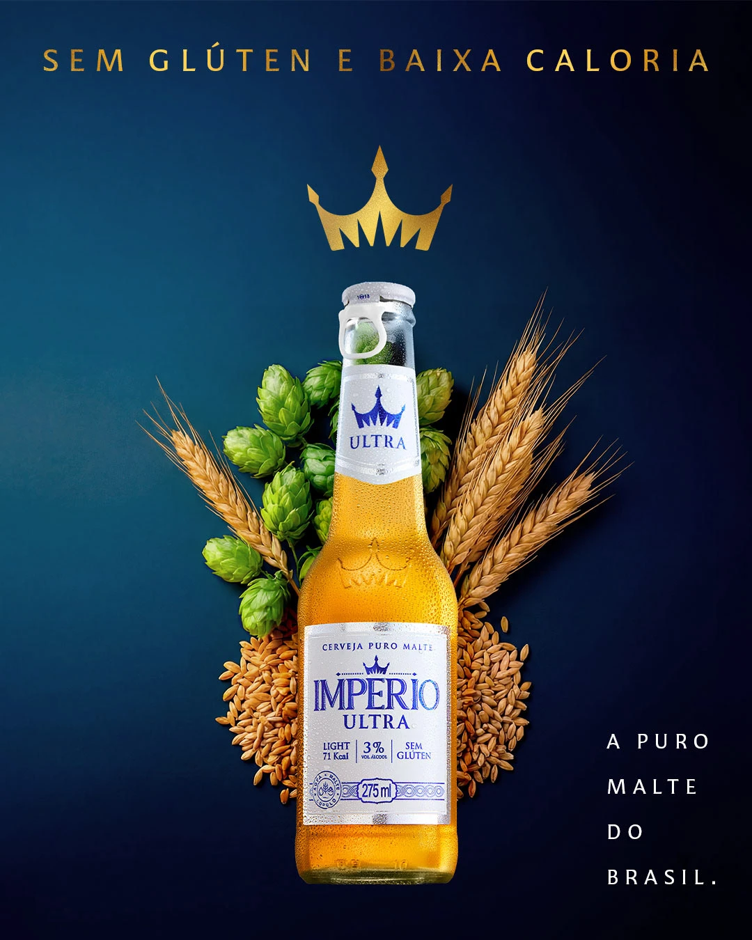 Cartaz "Sem glúten e baixa caloria": garrafa long neck Império Ultra com lúpulo, trigo e grãos de malte, sob coroa dourada, em fundo azul-marinho