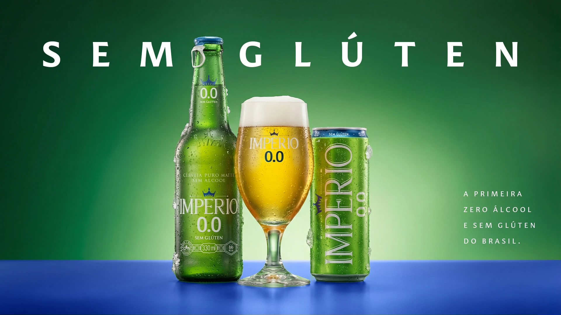 Título "Sem glúten" sobre garrafa, taça e lata da Império 0.0, com o texto "A primeira zero álcool e sem glúten do Brasil."