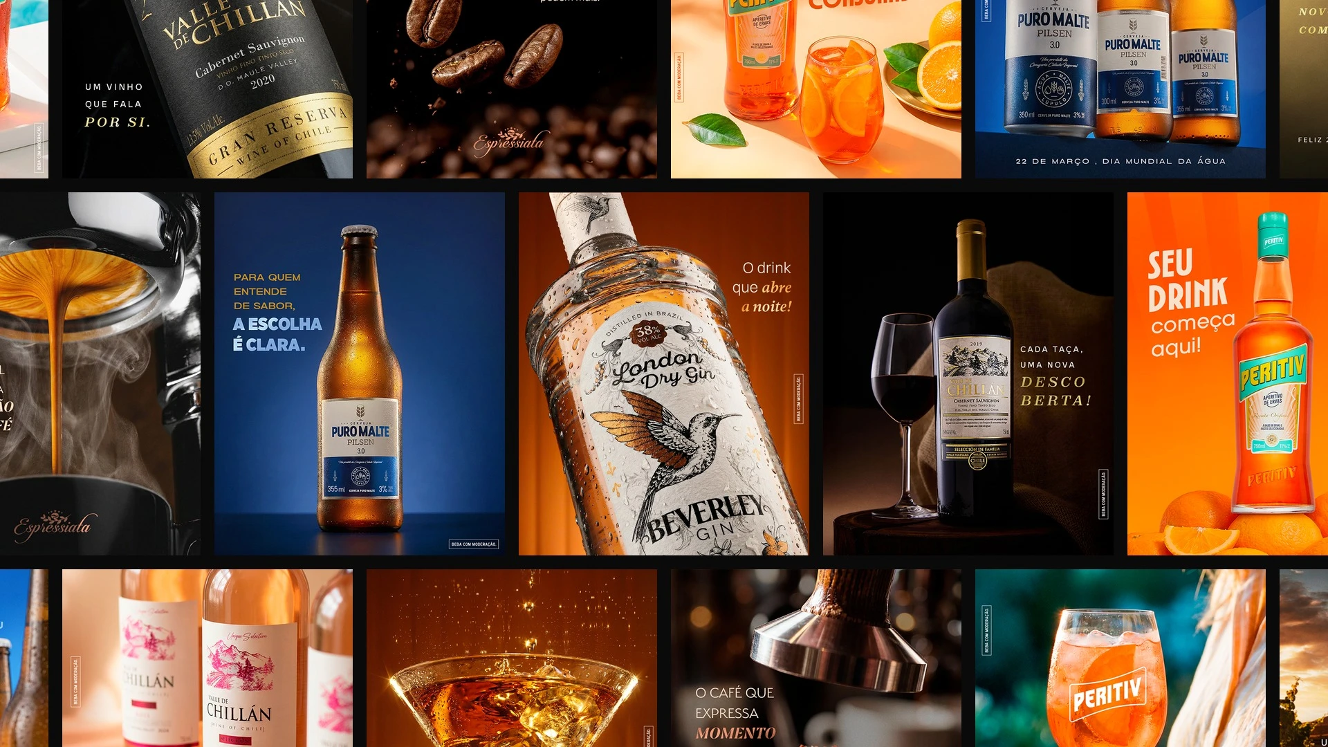 Mural com posts das marcas Puro Malte, Espressiata, Beverley Gin, Valle de Chillán e Peritiv