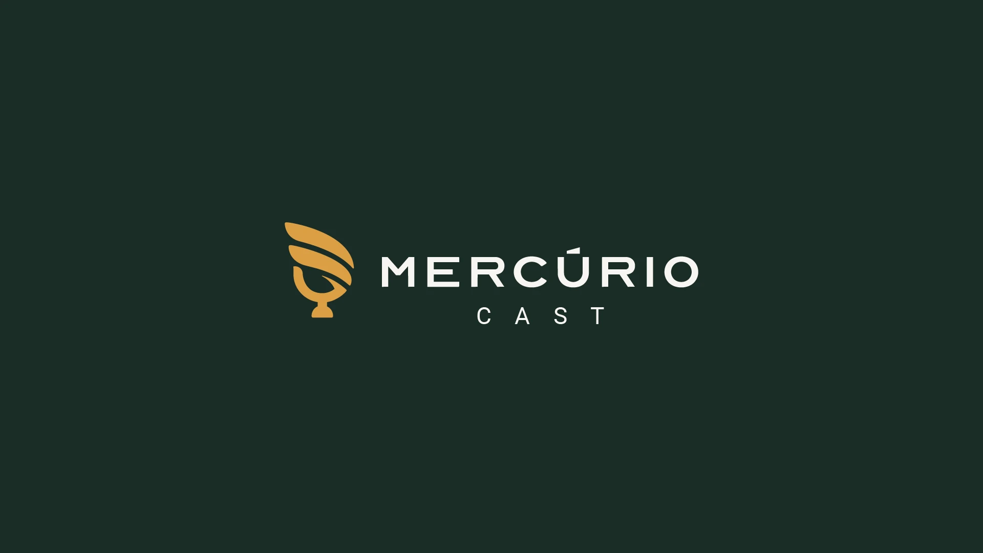 Logo do Mercúrio Cast: símbolo de asas e microfone em dourado e o nome em branco, sobre fundo verde-escuro