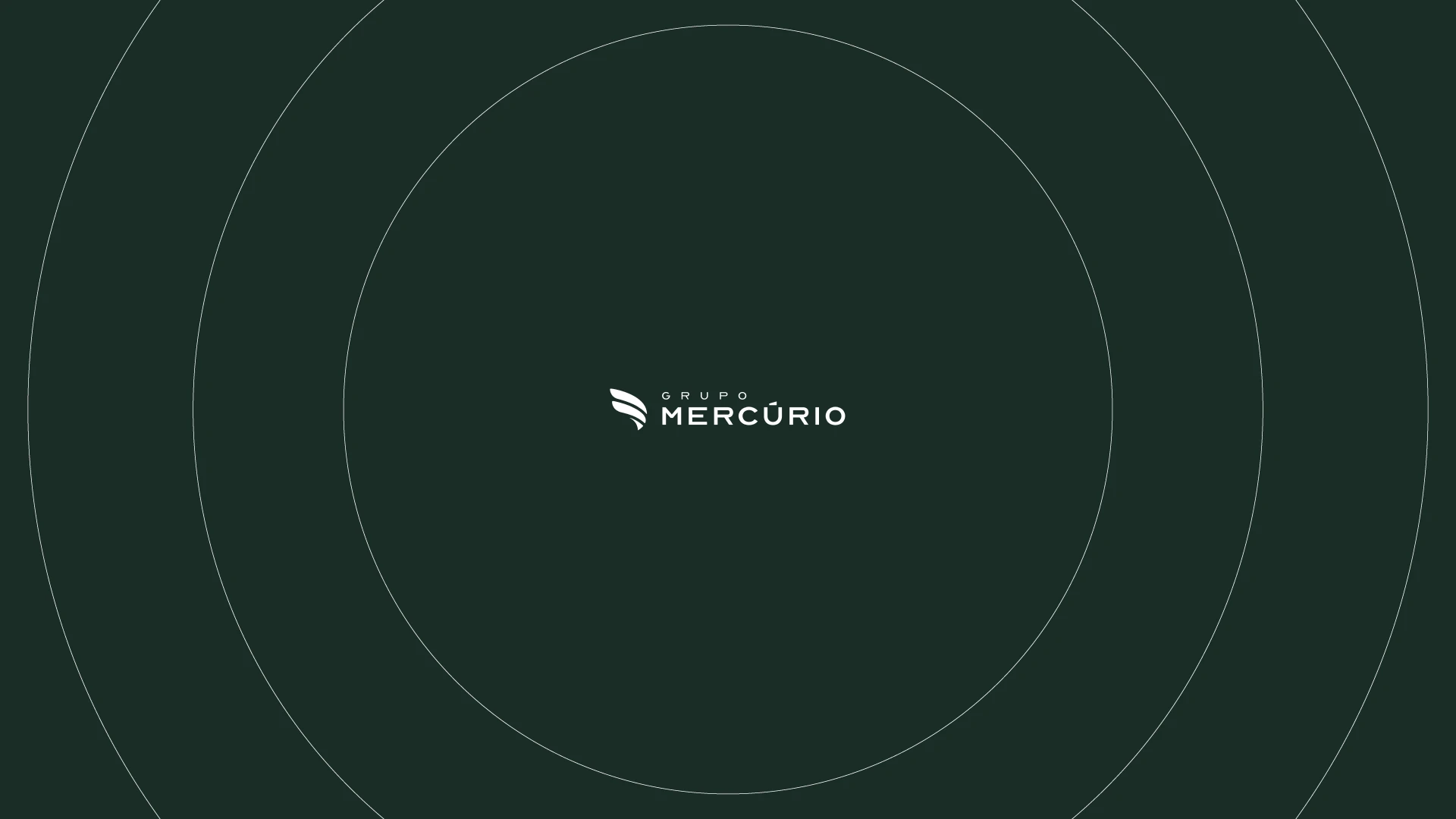 Logo do Grupo Mercúrio no centro de órbitas concêntricas, sobre fundo verde-escuro