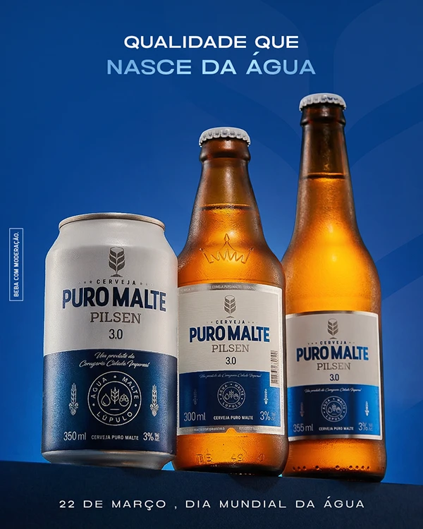 Post "Qualidade que nasce da água": lata e duas garrafas de Puro Malte Pilsen 3.0 em fundo azul, com "22 de março, Dia Mundial da Água"