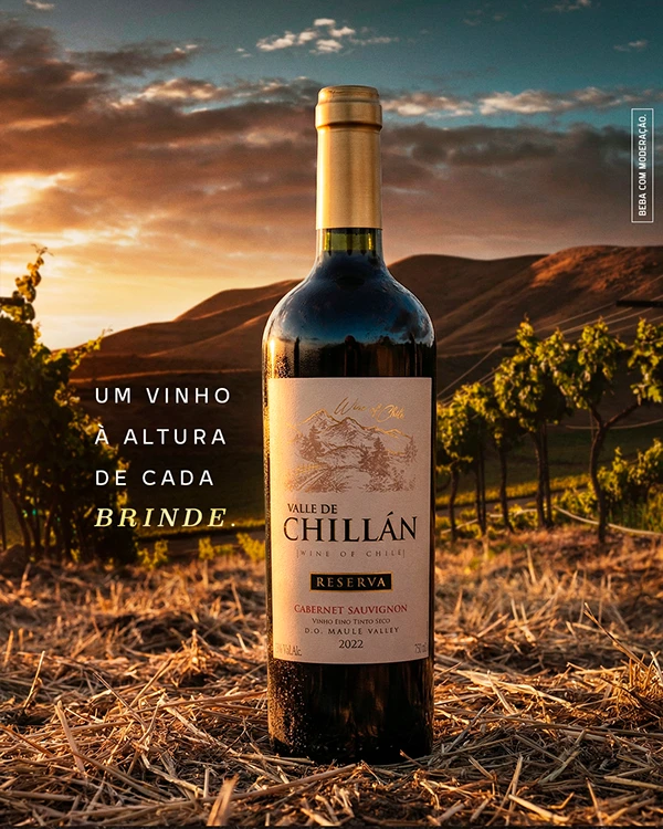 Post "Um vinho à altura de cada brinde": garrafa de Valle de Chillán Reserva num vinhedo ao pôr do sol