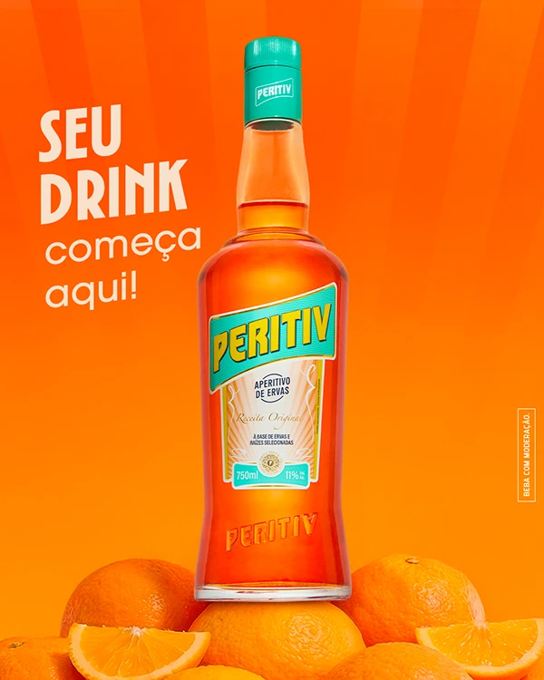 Post "Seu drink começa aqui!": garrafa de Peritiv sobre laranjas, em fundo laranja
